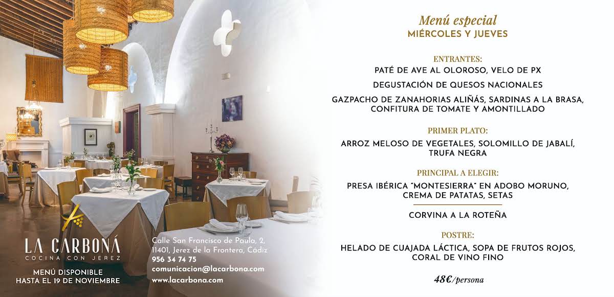 Menú especial de miércoles y jueves de La Carboná en Jerez por 48 € por persona, disponible hasta el 19 de noviembre